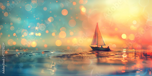 sailing boat under galaxy night sky dreamy scenery A boat on the ocean with a sunset and stars