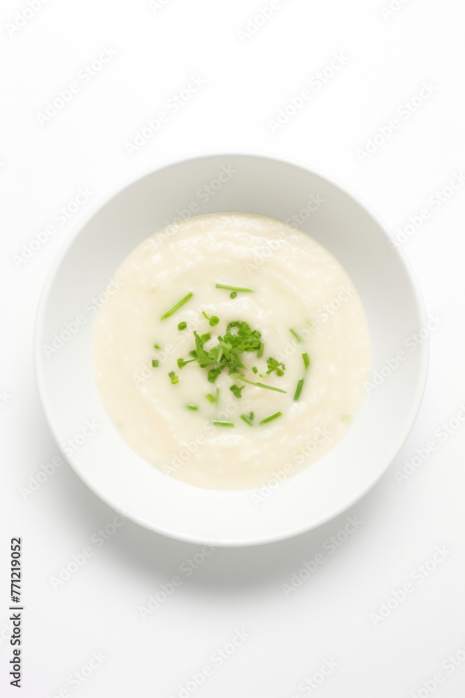 A bowl of congee on white background overhead view. A bowl of congee on white background overhead view.