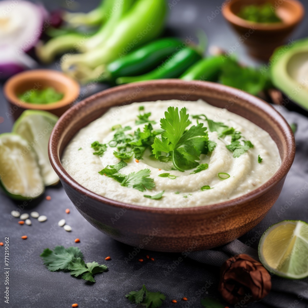 A bowl of congee and ingredients on white table top overhead view. A bowl of congee and ingredients on white table top overhead view.