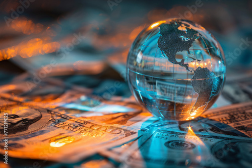 A glass globe on money, creatively lit. Concept of global finance