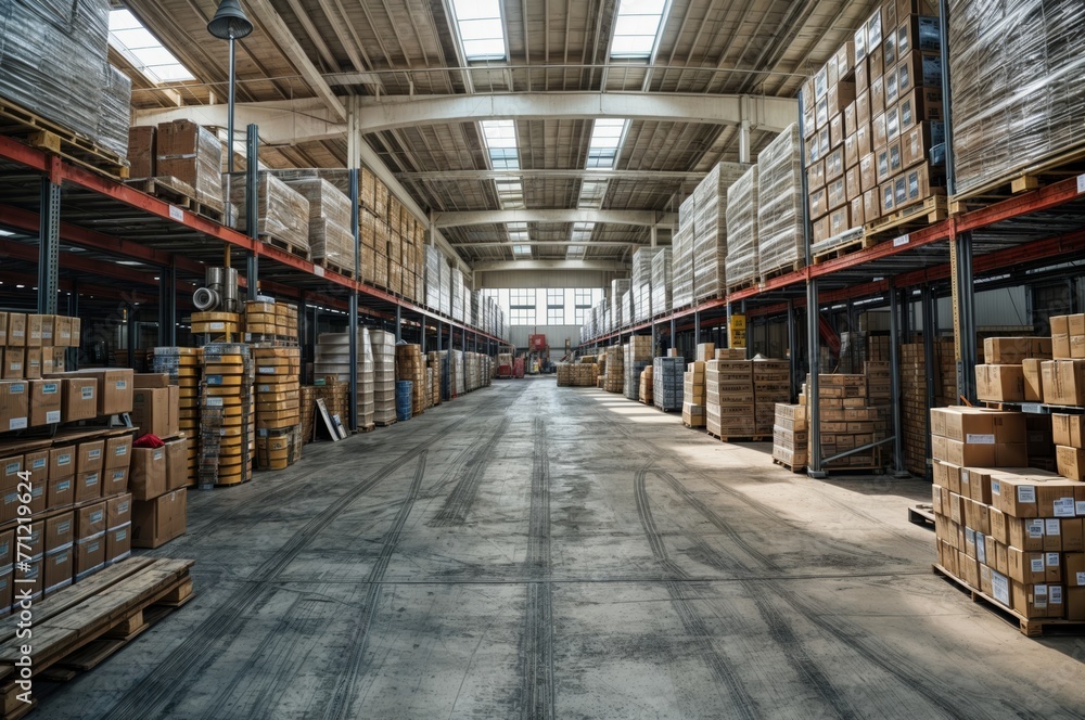 Warehouse interior with shelves and racks full of boxes. Industrial background