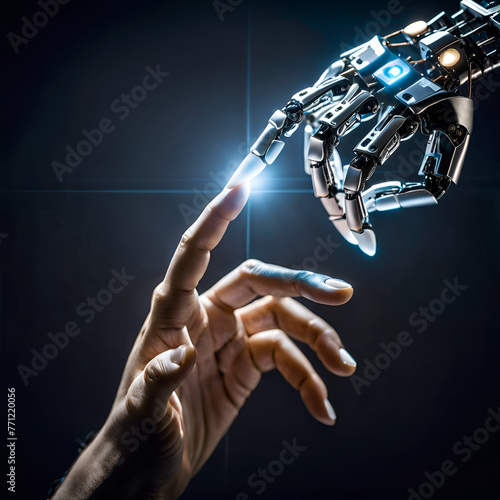 Fingers of robot and human touching, deep learning,  and artificial intelligence technology concept.