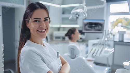 Bright,Clean and Technologically Advanced Dental Office with Smiling,Professional Staff Providing Patient Care