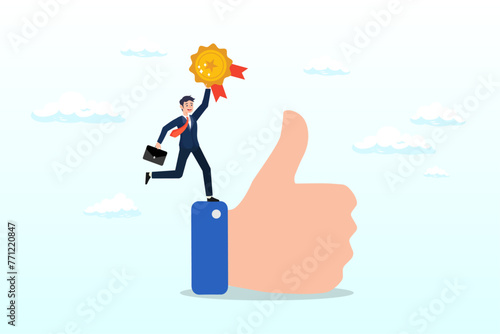 Success businessman manager celebrating employee award on big thumb up symbol, employee of the month, great manager or success staff winning award, staff appreciation or best office worker (Vector)