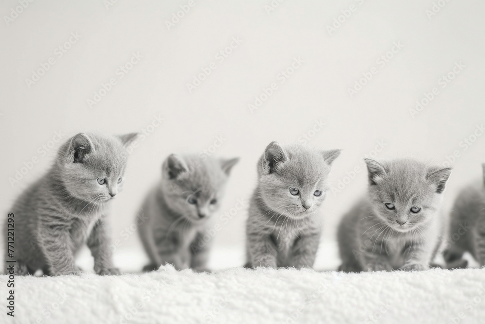 Adorable group of playful kittens posing in front of a plain white background in black and white photograph