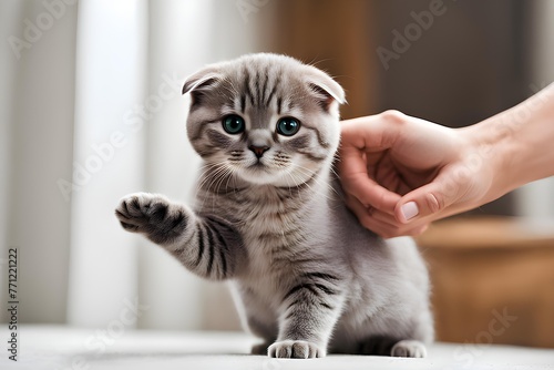 Cropped hand playing with cute Scottish fold agaist on blurry background  photo