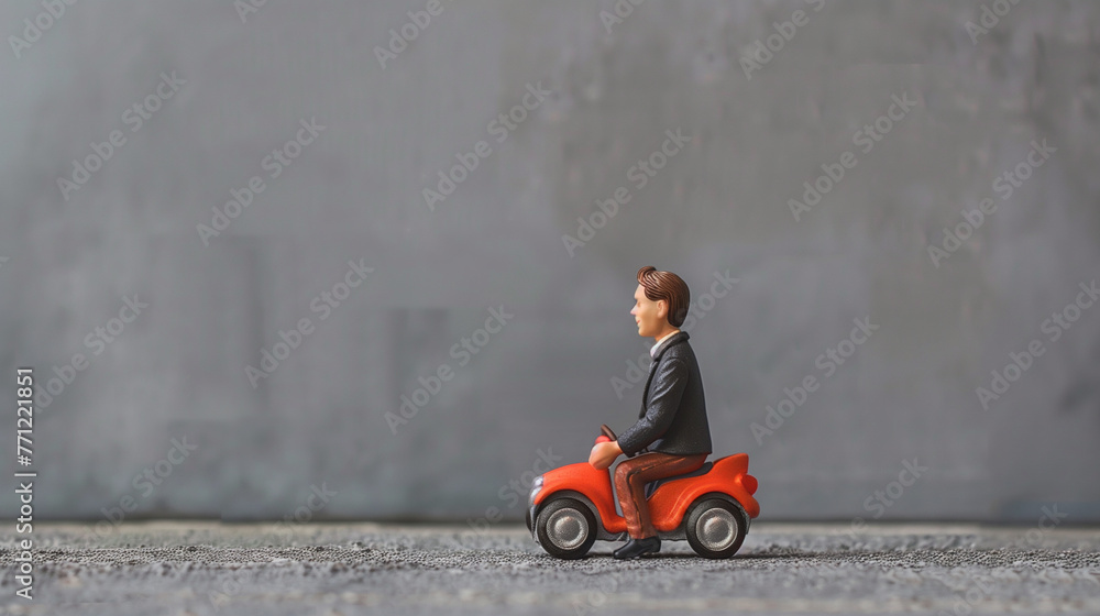 Miniature people : Businessman sitting on red toy car on concrete background