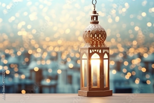 Eid mubarak and ramadan kareem greetings with islamic lantern and mosque. Eid al fitr background