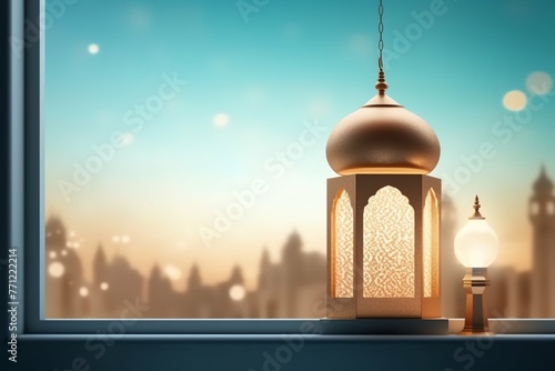 Eid mubarak and ramadan kareem greetings with islamic lantern and mosque. Eid al fitr background