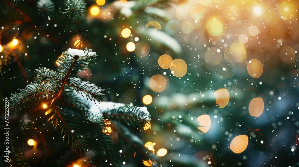 The Christmas tree and snow decorated with lights are very beautiful. Generate AI image