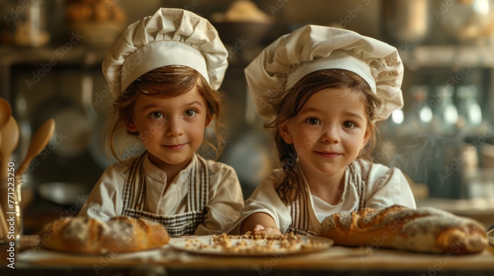 Kids with chef hats preparing the cake dough - mixing ingredients Kids with chef hats preparing the cake dough - mixing ingredients