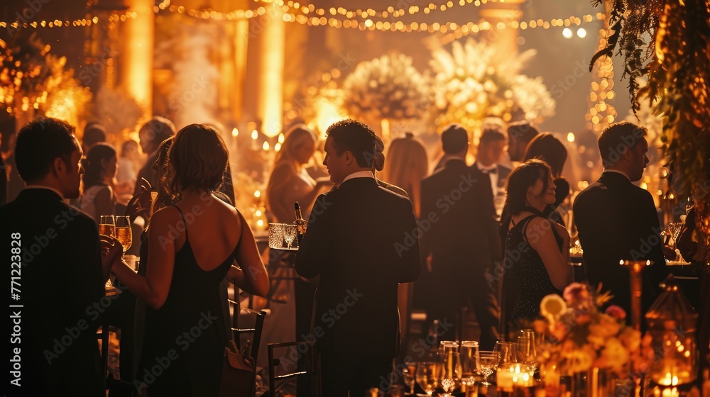 An elegant evening event, people in formal attire, beautifully decorated venue, capturing the essence of a sophisticated gathering. Resplendent. - obrazy, fototapety, plakaty 