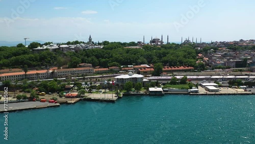 Drone circling the coastline of downtown Istanbul, sunny, summer day in Turkey photo