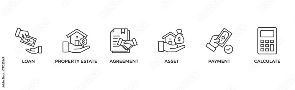 Mortgage banner web icon glyph silhouette with icon of loan, property estate, agreement, asset, repayment and calculate Mortgage banner web icon glyph silhouette with icon of loan, property estate, agreement, asset, repayment and calculate