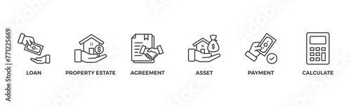 Mortgage banner web icon glyph silhouette with icon of loan, property estate, agreement, asset, repayment and calculate	