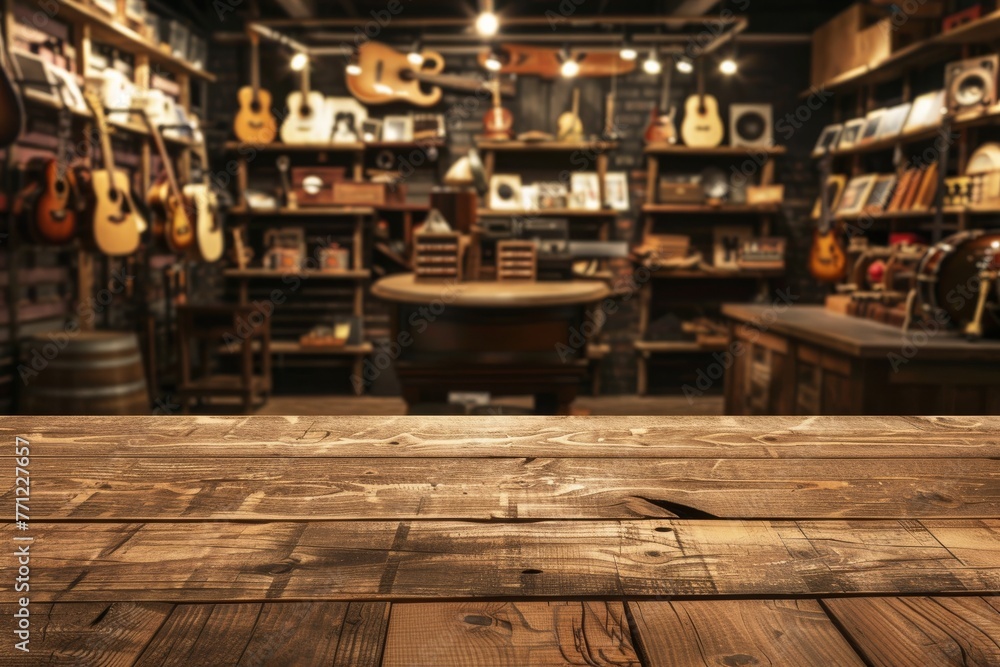 Empty wooden counter with interior music shop background Empty wooden counter with interior music shop background
