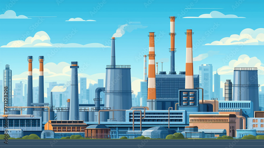 Obraz premium Industrial site or zone with factories, manufacturing plants, power stations, warehouses, cooling towers against city buildings on background. Flat cartoon colorful vector illustration for banner.