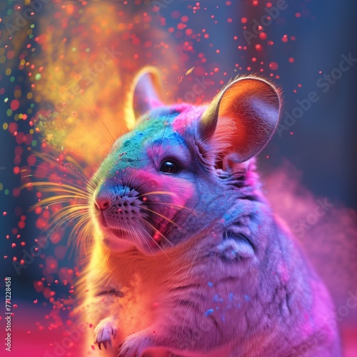 chinchilla indulges in colorful dust bath, enhanced with the mesmerizing allure of rainbow powder, creating a magical and unforgettable experience for your beloved pet.