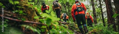 Forest cleanup hike, volunteers with Earth Day badges, lush greenery, teamwork in action