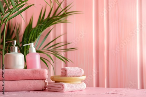 treatment items on pink table with modern pink wall background space banner for display or montage products