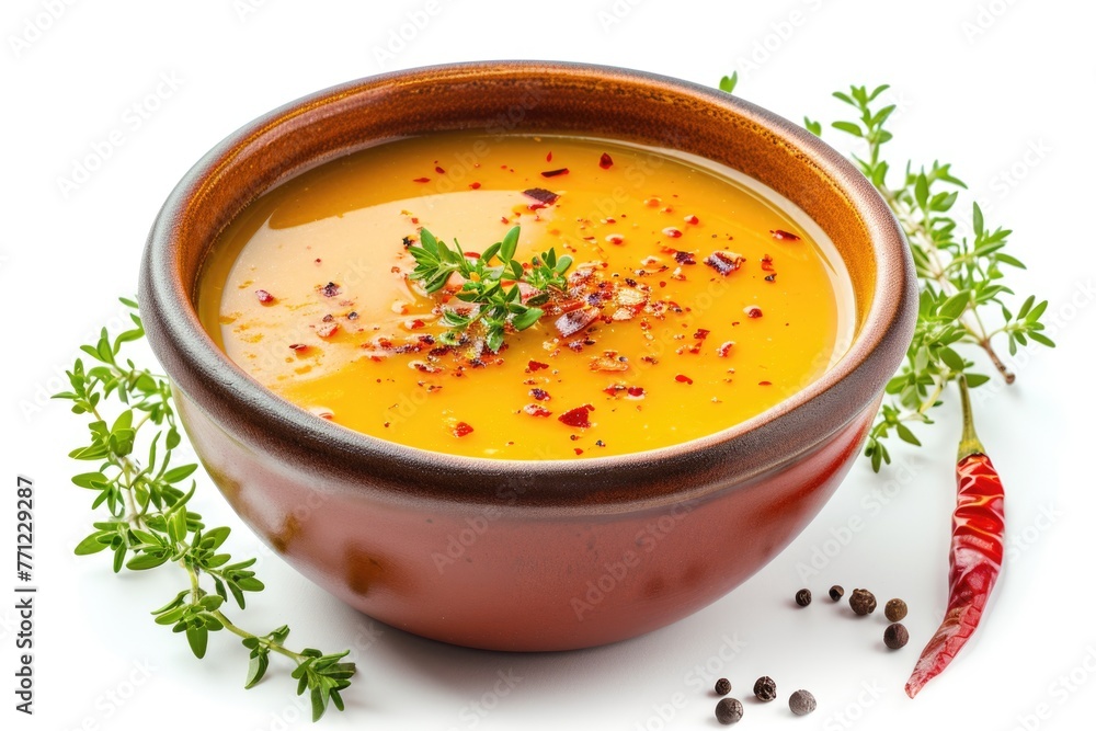 vegetable cream soup decorated with chili flakes and thyme isolated on white background vegetable cream soup decorated with chili flakes and thyme isolated on white background