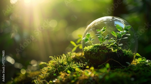 Glass orb terrariums, miniature Earth ecosystems, soft backlight, magical setting, close view