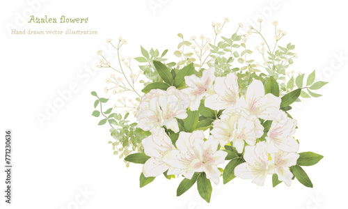 白い躑躅（ツツジ）の花と植物のブーケ