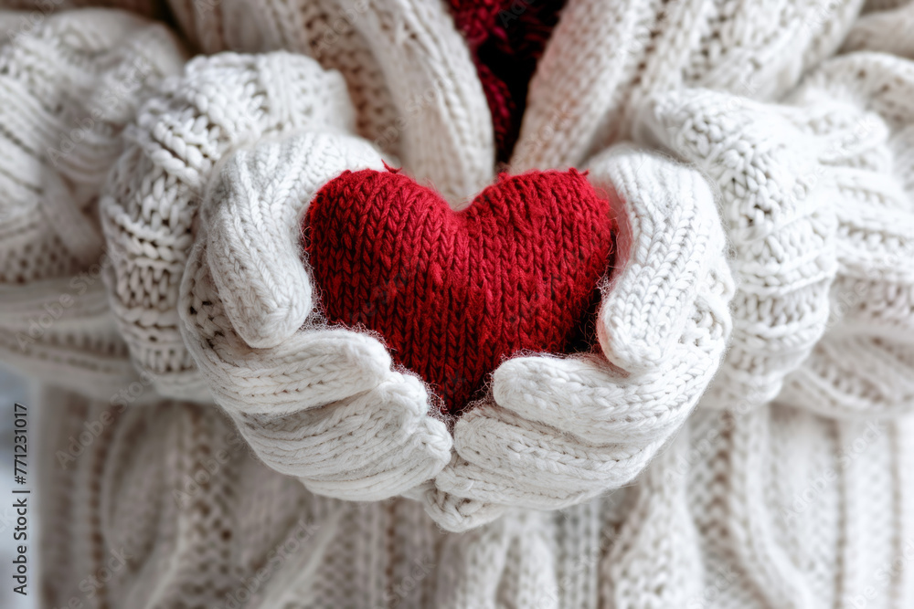 Female hands clad in white knitted mittens holding a romantic red heart