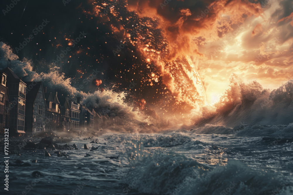 A dramatic apocalyptic background - massive tsunami waves engulfing a small coastal town, asteroid collision, end of the world