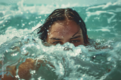 A girl swimming amidst sea waves