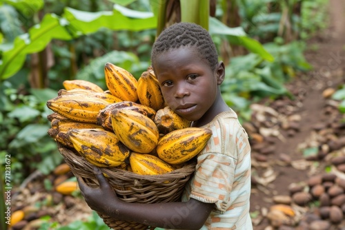 MANKRANSO GHANA  JUNE 14  2018  A little boy carrying a basket of harvested cocoa pods. © darshika
