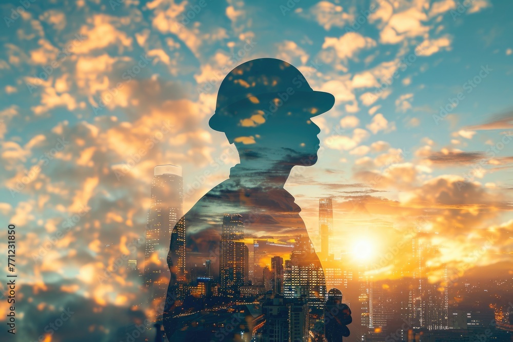 Worker holding tool with Twilight time on Labor Day double exposure