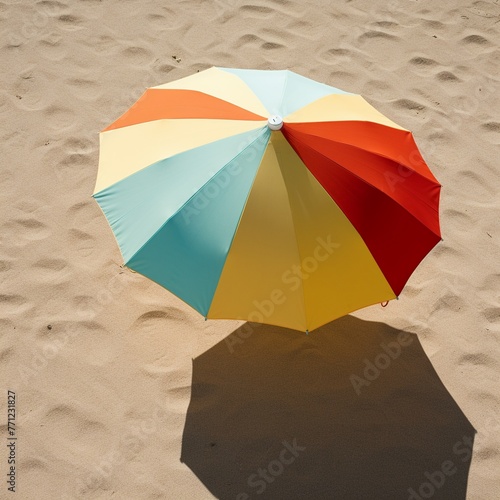 Artistic shot of striped beach umbrella, shadow pattern on sand, high-angle, vivid colors, abstract feelFuturistic