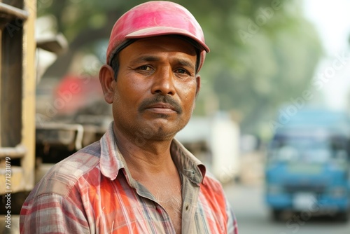 A DAILY WAGE LABOURER STANDING AND LOOKING AT CAMERA photo