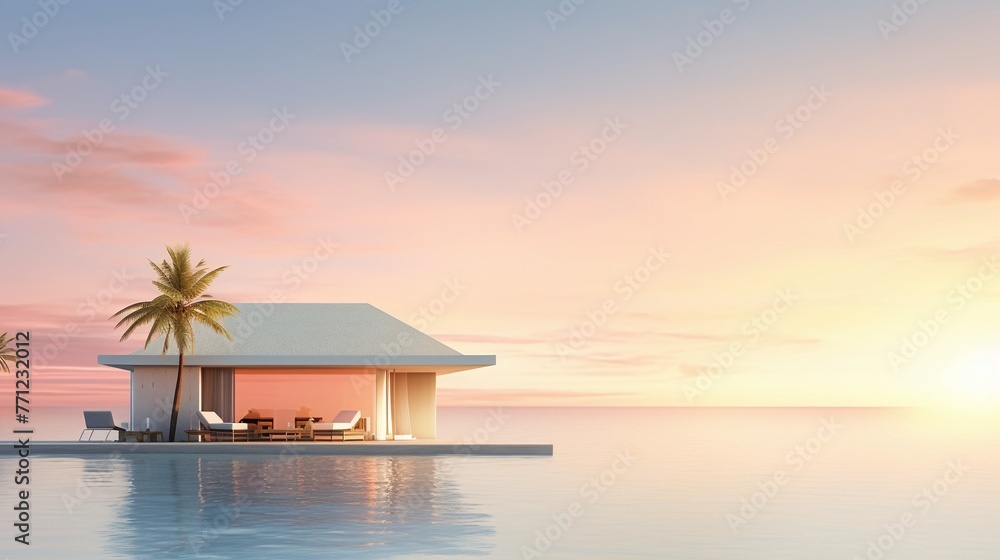 Beachside hut at sunset, serving exotic cocktails, wide view, warm tones, serene end-of-day relaxationFuturistic