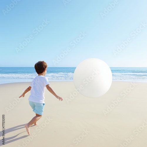 Child chasing bouncing beach ball, wide beach view, laughter-filled, action-packed, carefree funFuturistic