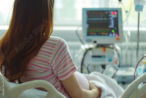 A pregnant woman being induced in the hospital  with iv and contractions monitor.