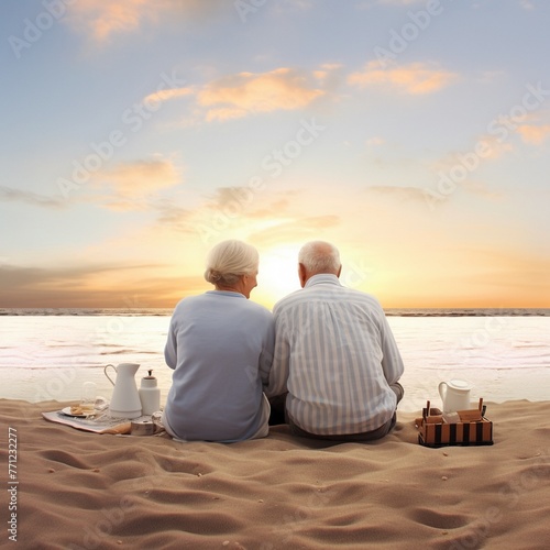 Elderly couple's quiet beach picnic, sunset, close view, nostalgic, peaceful, simple pleasuresFuturistic