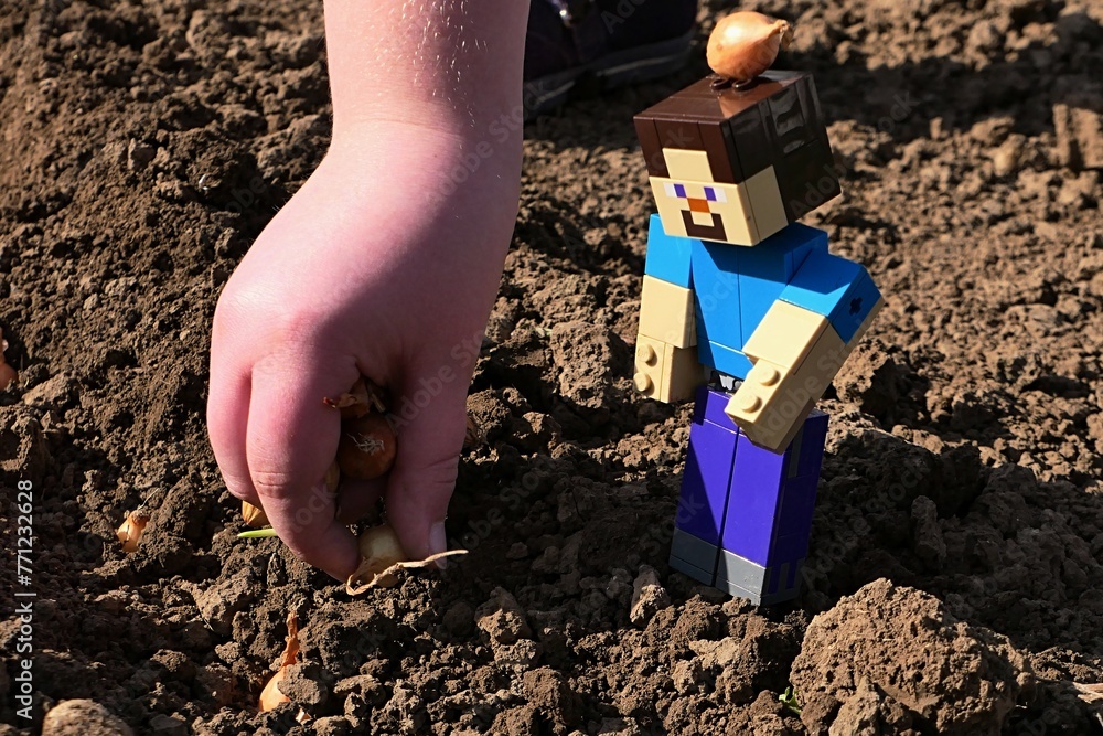 Naklejka premium LEGO Minecraft figure of Steve with onion nurseling on his head checking little girl's hand as she is planting onion in garden soil