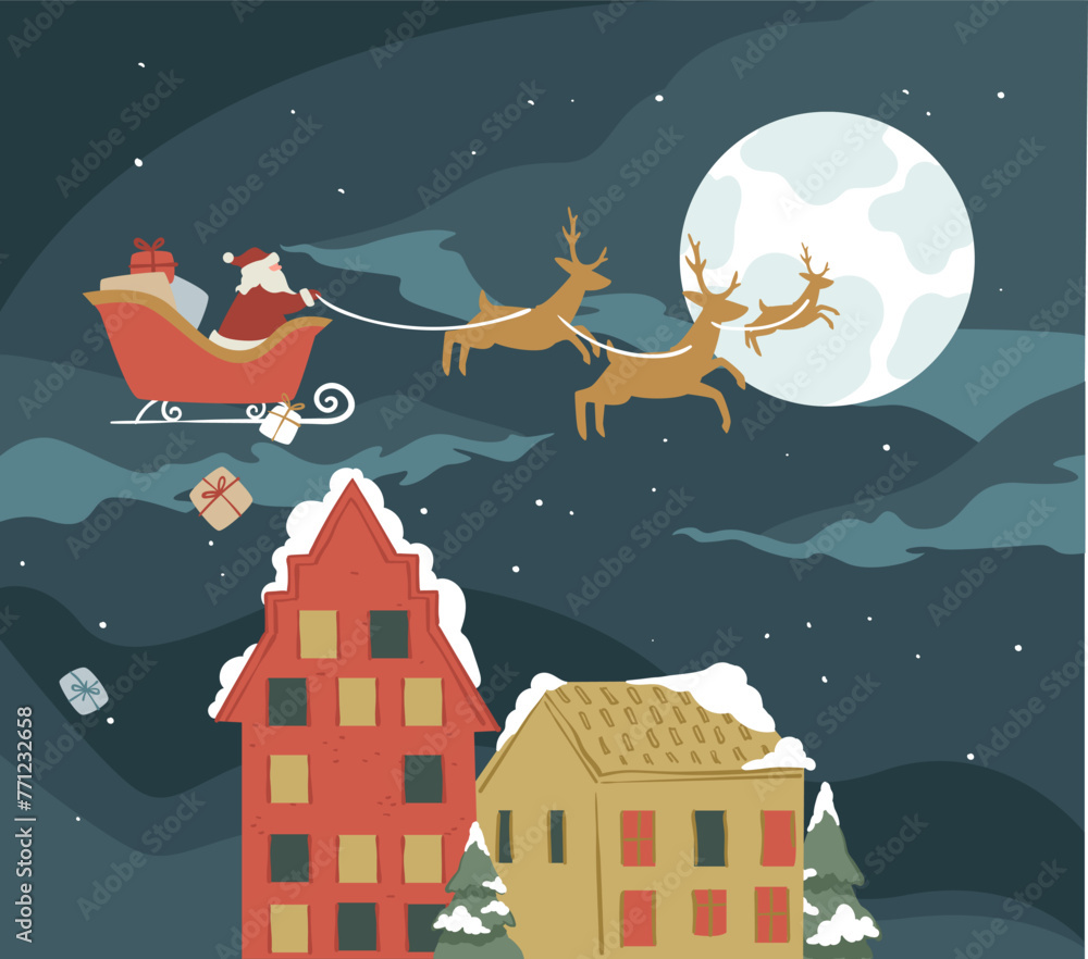 Fototapeta premium Santa Claus riding reindeers, giving presents