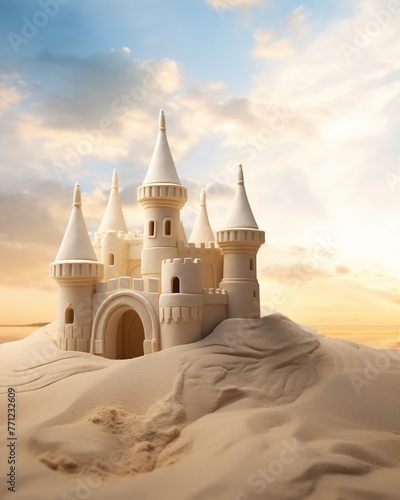 Historic castle replica made of sand, beach setting, sunset, soft lighting, side view, artistic detailFuturistic