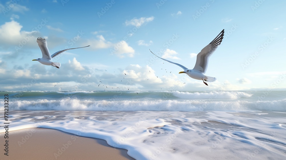 Fototapeta premium Seagulls chasing waves, action shot, eye-level, crisp details, playful nature, sandy beach settingFuturistic