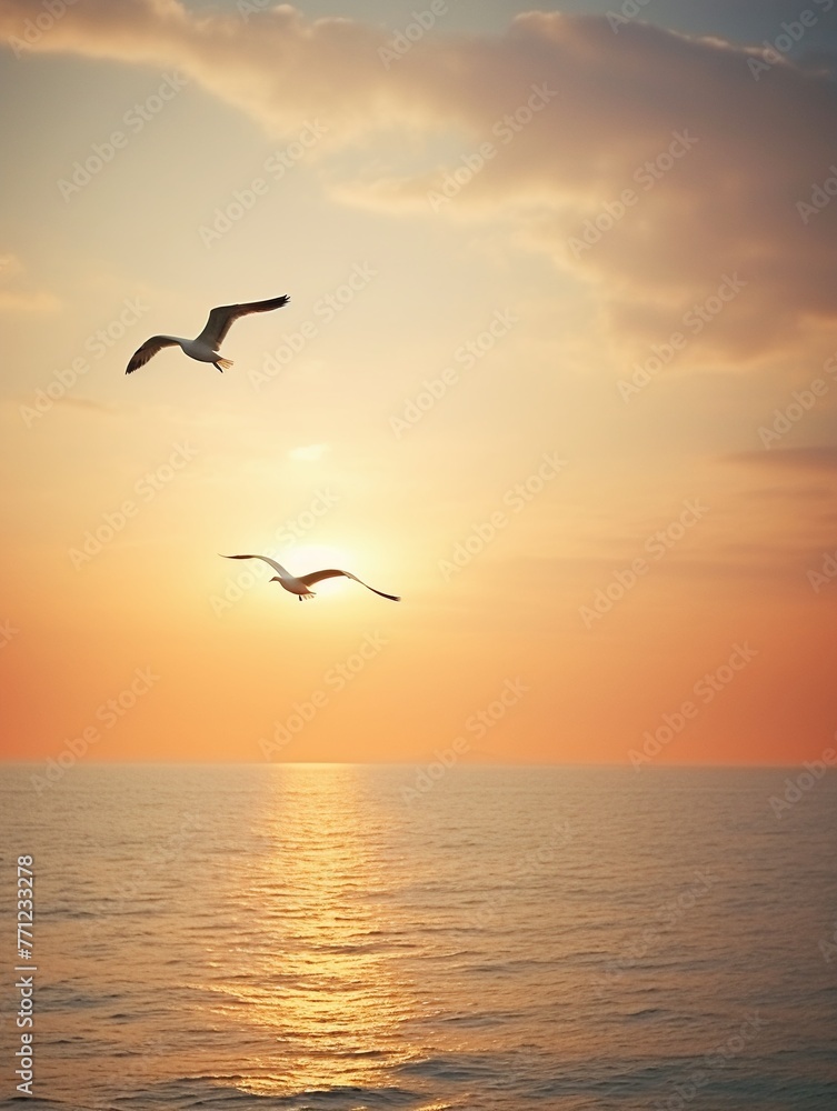 Silhouette of seagulls at sunset, ocean horizon, wide view, warm colors, tranquil end of dayFuturistic