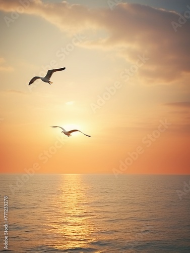 Silhouette of seagulls at sunset, ocean horizon, wide view, warm colors, tranquil end of dayFuturistic © kamon