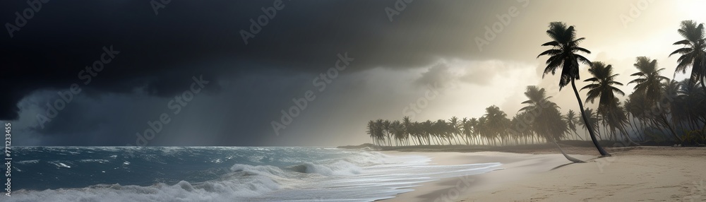 Stormy beach scene, palms swaying fiercely, wide angle, intense weather, powerful atmosphereFuturistic