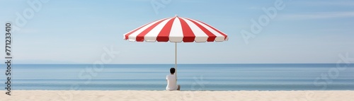 Solo beachgoer under striped umbrella, ocean view, side angle, relaxed pose, tranquil, soft lightFuturistic photo