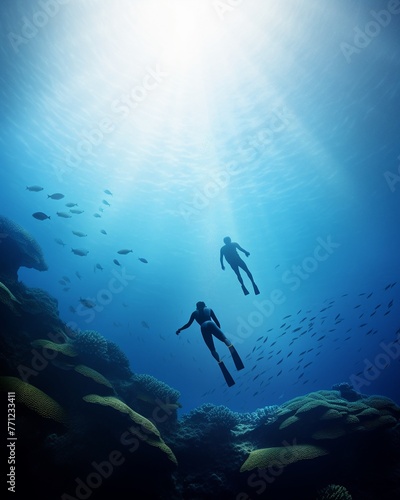 Solo snorkeler in deep reef, dramatic angle, mysterious ambiance, cool tones, hidden wondersFuturistic © kamon