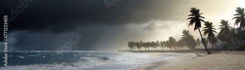 Stormy beach scene  palms swaying fiercely  wide angle  intense weather  powerful atmosphereFuturistic
