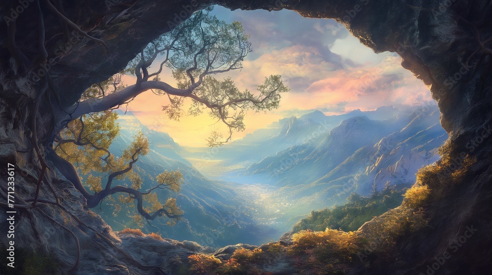 A cave in the mountains with an opening that reveals the outside world. Tree branches, hills and the sky.Generative AI illustration - obrazy, fototapety, plakaty 
