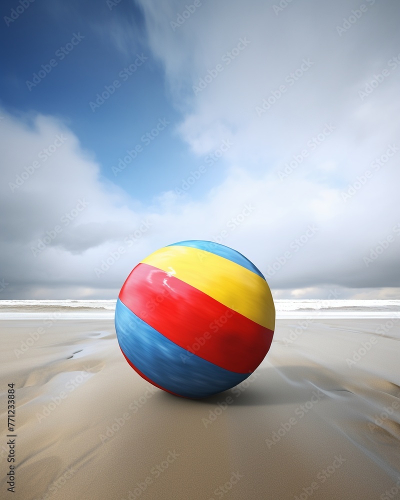 Wind-blown beach ball bouncing, stormy day, dynamic view, dramatic atmosphere, isolated feelFuturistic